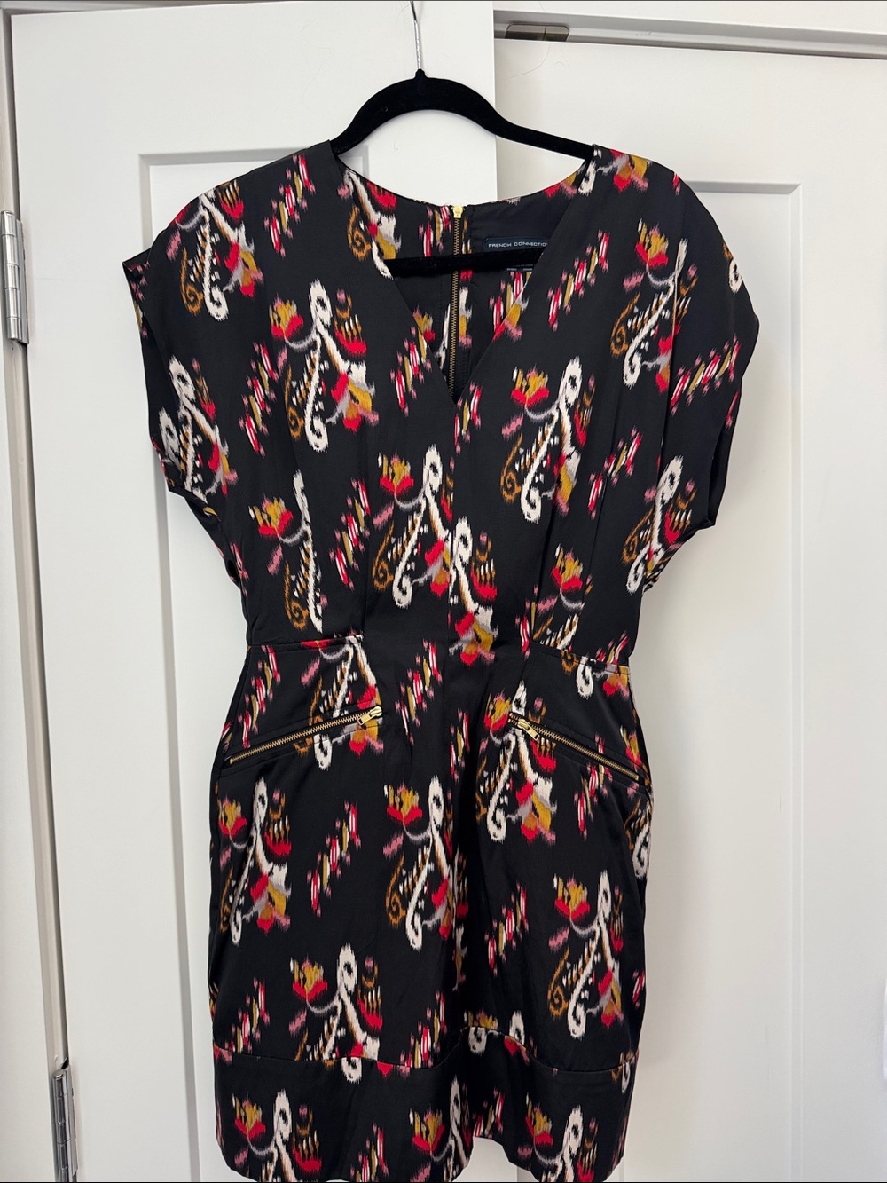 French Connection Black Mini Dress with Pink, White & Gold Floral Print